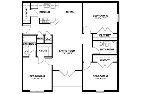 Floor plan for 3 beds, 2 baths, 1170 sqft